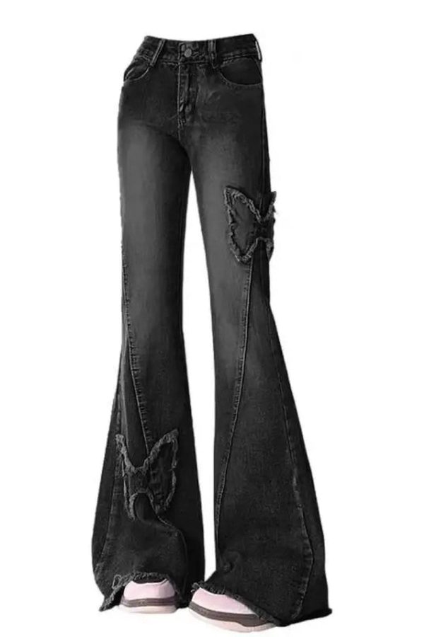 Y2K Dark Butterfly Flare Jeans - Retro Grunge Style for Summer Outfits