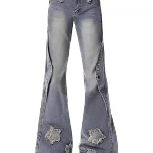 Y2K Distressed Star Flare Jeans for Retro Summer Vibes and Grunge Style