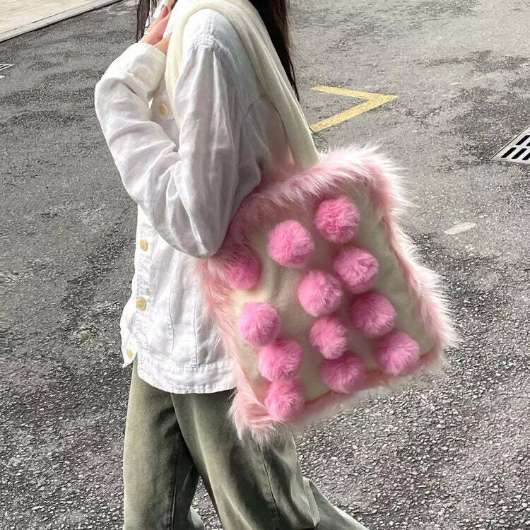 Y2K Fluffy Pom Poms Bag in Pink - Trendy Accessory for Summer Outfits