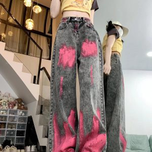 Y2K Graffiti Splash Wide-Leg Jeans for Trendy Summer Outfits