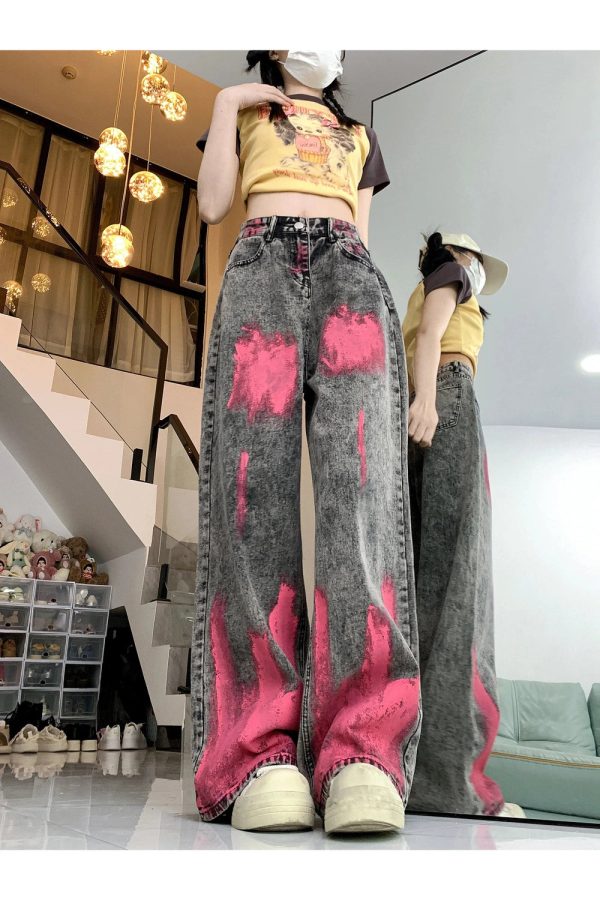 Y2K Graffiti Splash Wide-Leg Jeans for Trendy Summer Outfits