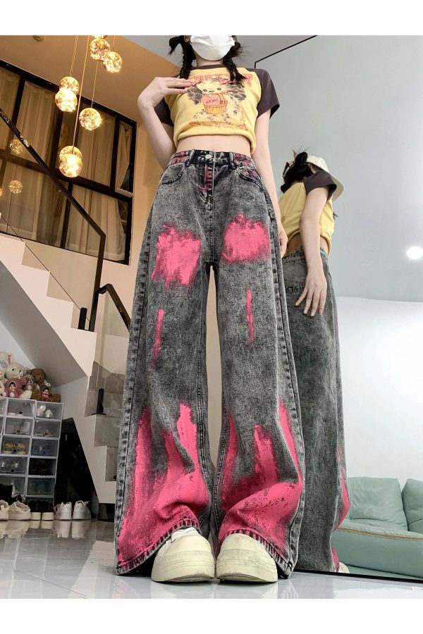 Y2K Graffiti Splash Wide-Leg Jeans for Trendy Summer Outfits