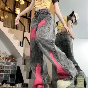 Y2K Graffiti Splash Wide-Leg Jeans for Trendy Summer Outfits