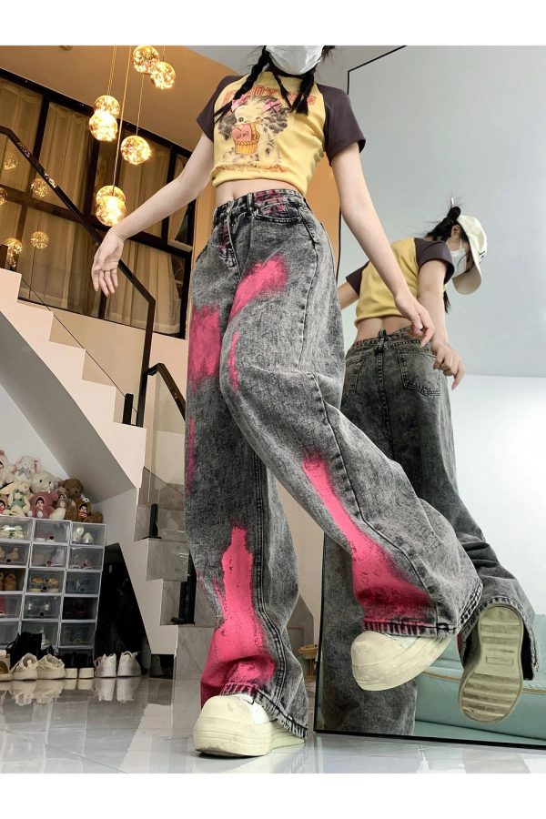 Y2K Graffiti Splash Wide-Leg Jeans for Trendy Summer Outfits