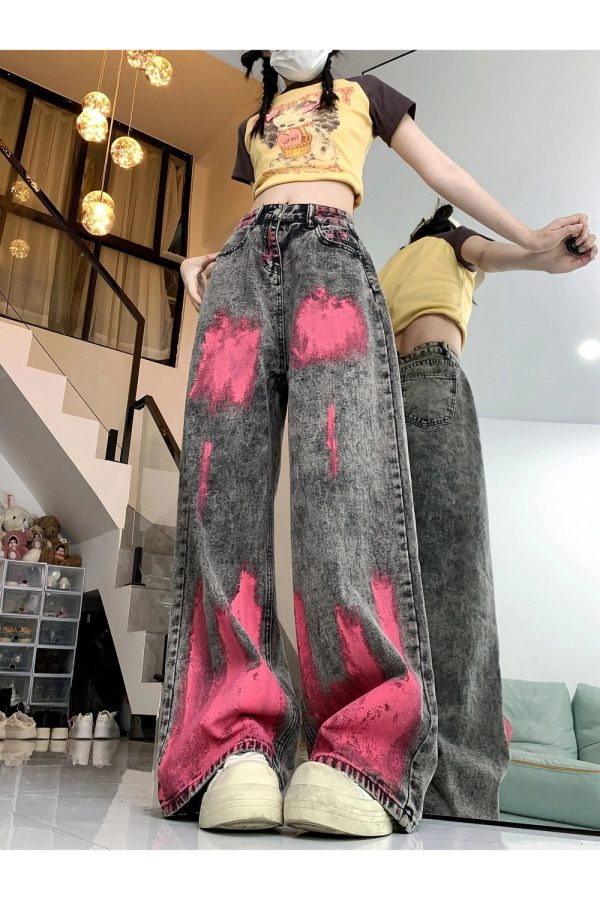 Y2K Graffiti Splash Wide-Leg Jeans for Trendy Summer Outfits