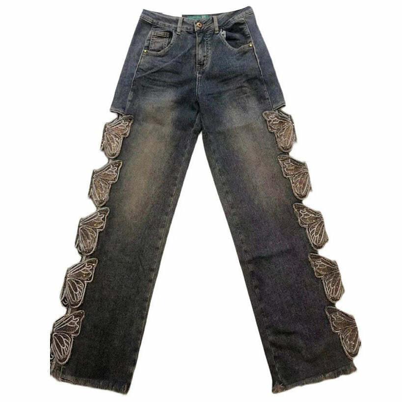 Y2K Grunge Aesthetic Butterfly Cut Out Jeans for Retro Summer Vibes