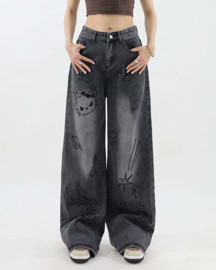 Y2K Grunge Aesthetic Cat Jeans for Retro Summer Outfits