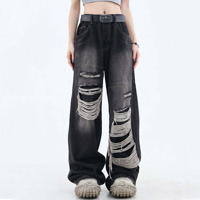 Y2K Grunge Aesthetic Ripped Wide Leg Jeans for Retro Summer Vibes