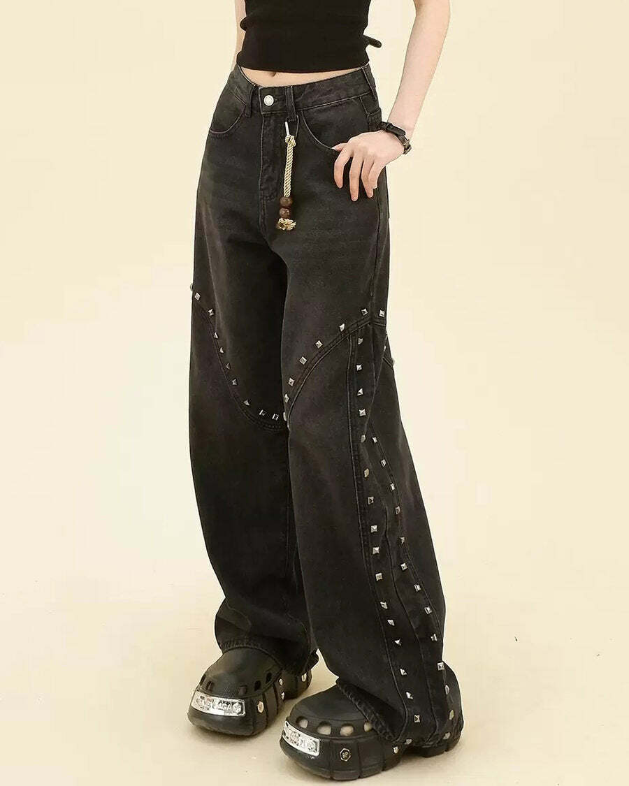 Y2K Grunge Aesthetic Rivet Jeans for Retro Summer Outfits