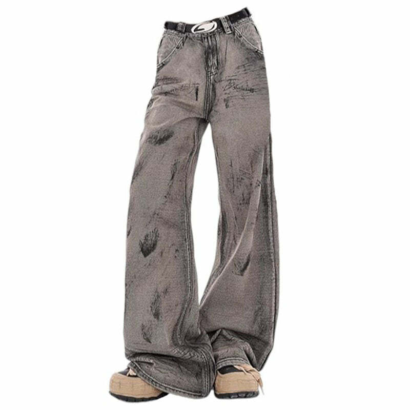 Y2K Grunge Aesthetic Wide-Leg Jeans in Grey for Retro Summer Vibes