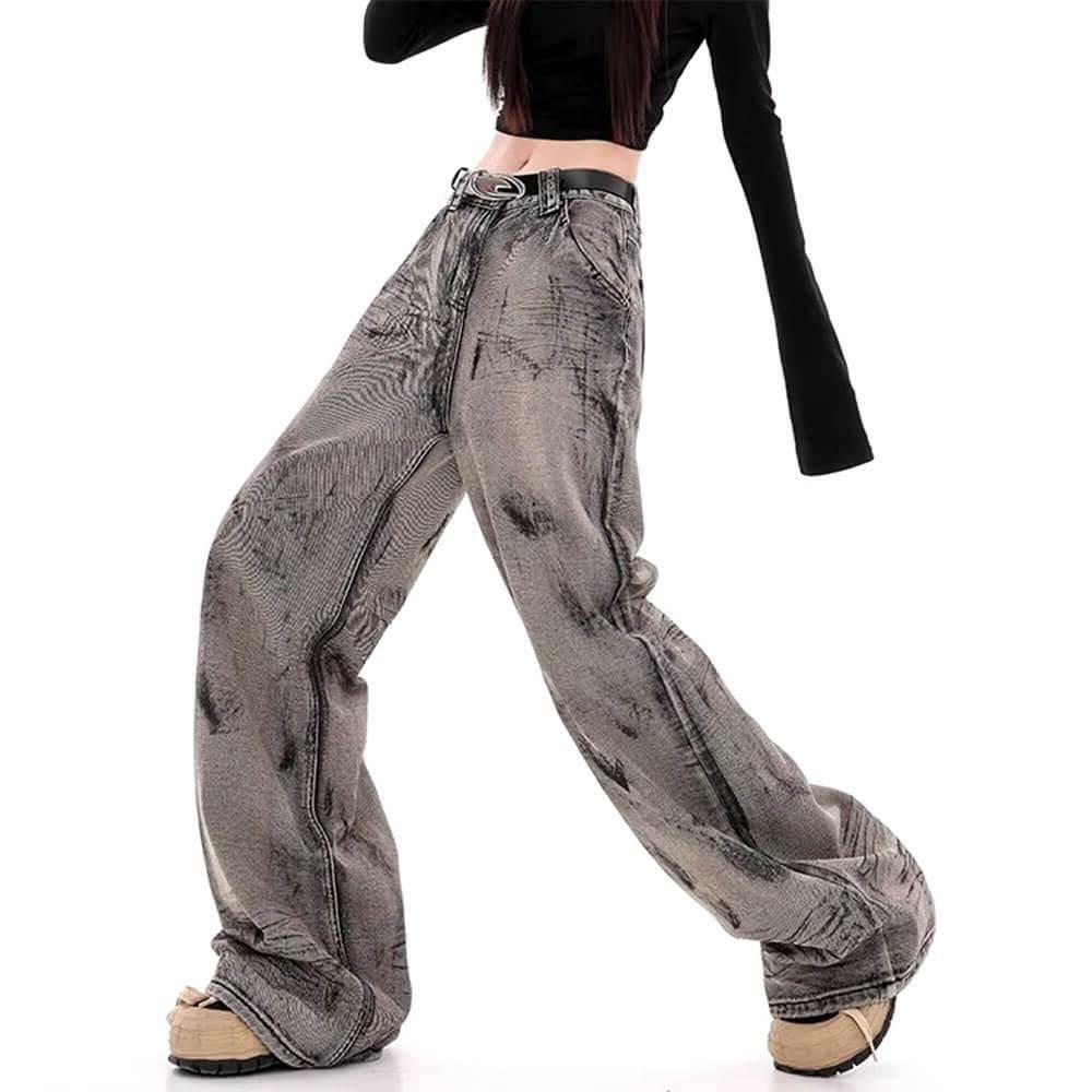 Y2K Grunge Aesthetic Wide-Leg Jeans in Grey for Retro Summer Vibes