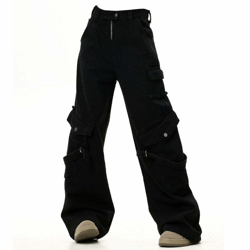 Y2K Grunge Black Cargo Jeans for Retro Summer Outfits and Parties