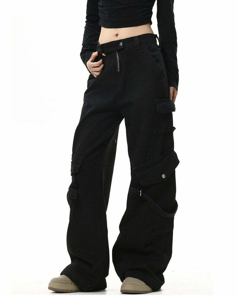 Y2K Grunge Black Cargo Jeans for Retro Summer Outfits and Parties