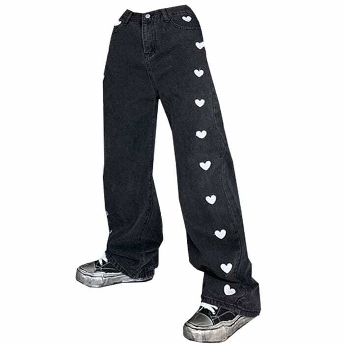 Y2K Grunge Black Hearts Jeans for Retro Summer Outfits & Party Vibes