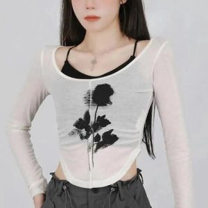 Y2K Grunge Black Rose Sheer Layered Top for Retro Summer Outfits