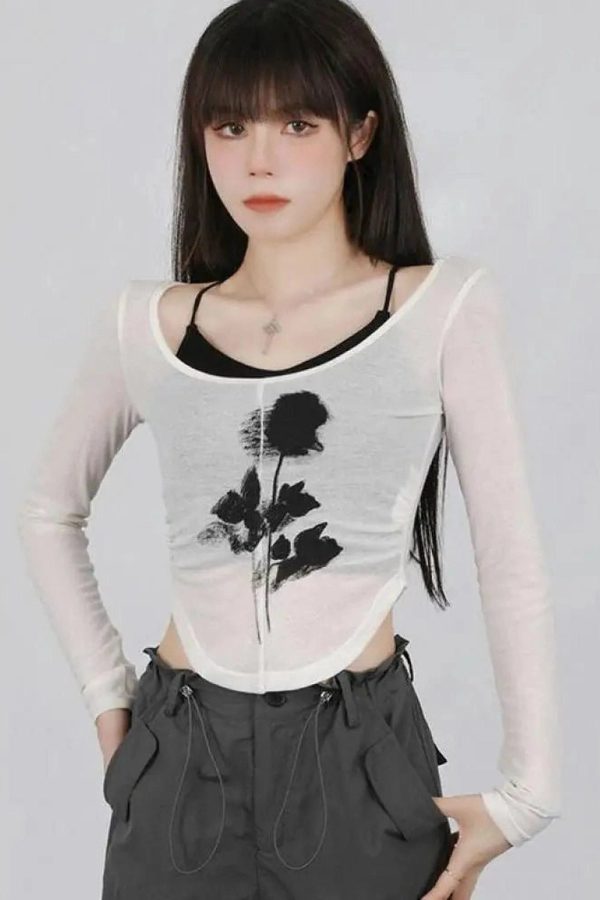 Y2K Grunge Black Rose Sheer Layered Top for Retro Summer Outfits