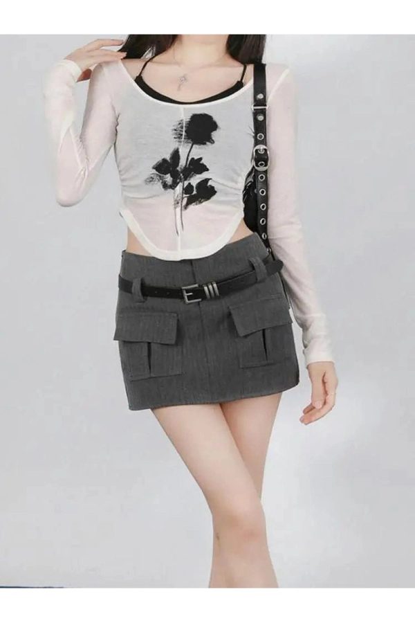 Y2K Grunge Black Rose Sheer Layered Top for Retro Summer Outfits