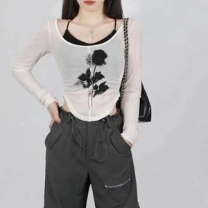 Y2K Grunge Black Rose Sheer Layered Top for Retro Summer Outfits