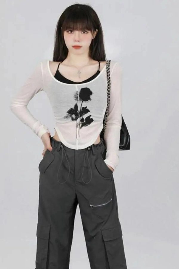 Y2K Grunge Black Rose Sheer Layered Top for Retro Summer Outfits