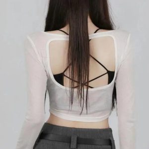 Y2K Grunge Black Rose Sheer Layered Top for Retro Summer Outfits