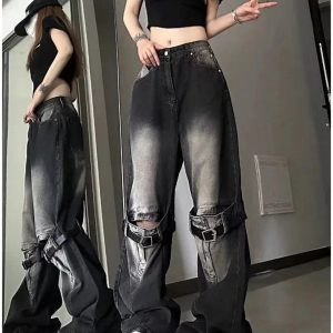 Y2K Grunge Buckle Wide-Leg Jeans for Retro Summer Outfits