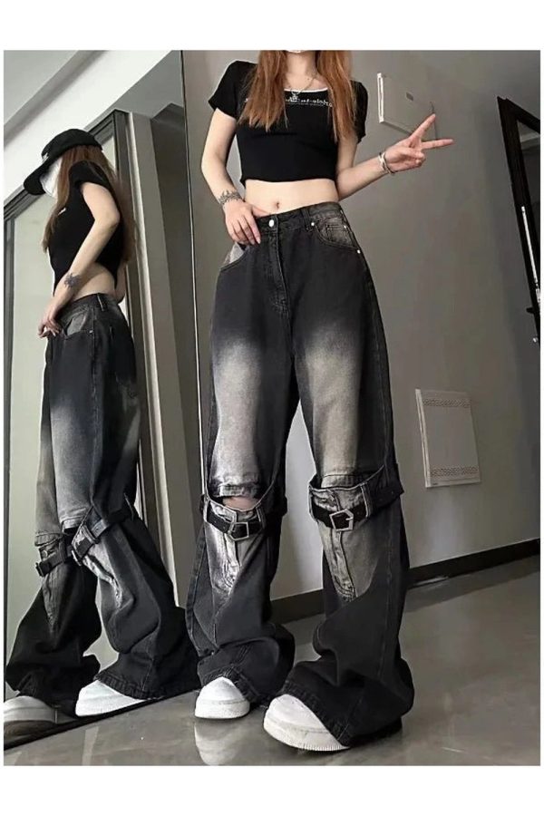 Y2K Grunge Buckle Wide-Leg Jeans for Retro Summer Outfits