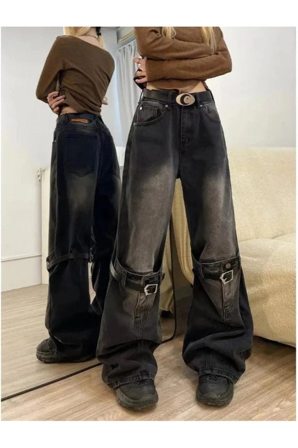 Y2K Grunge Buckle Wide-Leg Jeans for Retro Summer Outfits