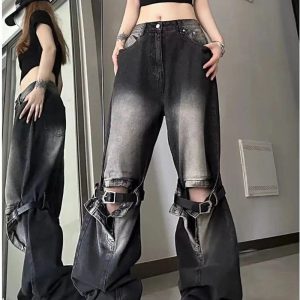 Y2K Grunge Buckle Wide-Leg Jeans for Retro Summer Outfits