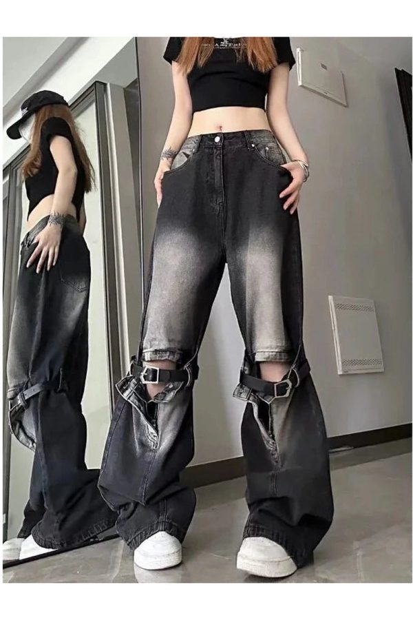 Y2K Grunge Buckle Wide-Leg Jeans for Retro Summer Outfits