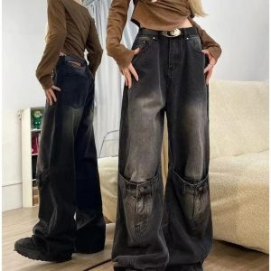 Y2K Grunge Buckle Wide-Leg Jeans for Retro Summer Outfits