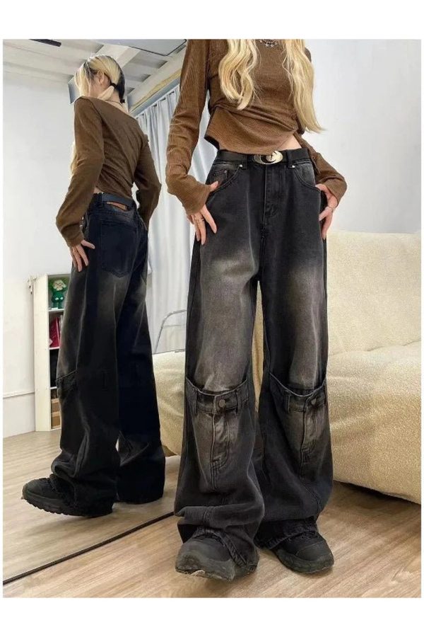 Y2K Grunge Buckle Wide-Leg Jeans for Retro Summer Outfits