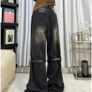 Y2K Grunge Buckle Wide-Leg Jeans for Retro Summer Outfits