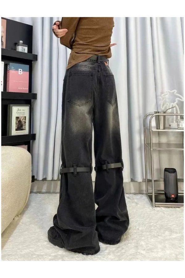 Y2K Grunge Buckle Wide-Leg Jeans for Retro Summer Outfits