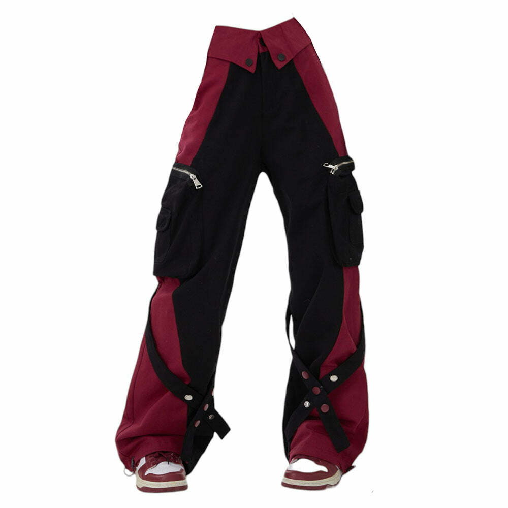 Y2K Grunge Cargo Pants in Black & Red - Retro 90s Style Essential