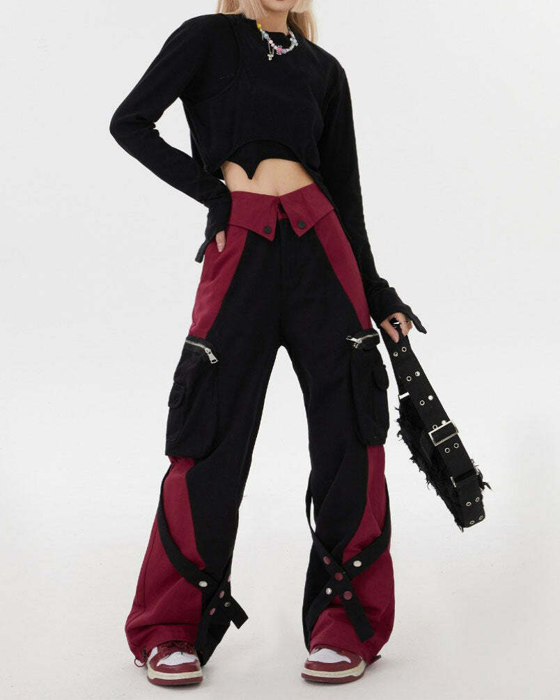 Y2K Grunge Cargo Pants in Black & Red - Retro 90s Style Essential