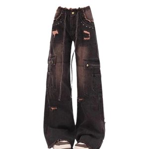 Y2K Grunge Dark Cargo Distressed Jeans for Retro Summer Outfits