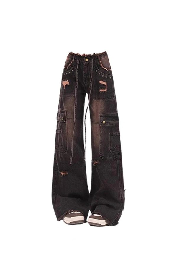 Y2K Grunge Dark Cargo Distressed Jeans for Retro Summer Outfits