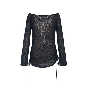 Y2K Grunge Dark Crucifix Long Sleeve Top for Retro Summer Vibes