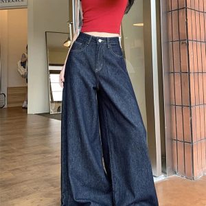 Y2K Grunge Dark Wash Wide-Leg Denim Jeans for Retro Summer Vibes