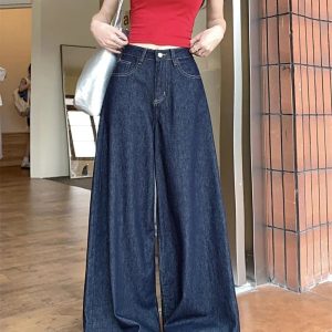 Y2K Grunge Dark Wash Wide-Leg Denim Jeans for Retro Summer Vibes