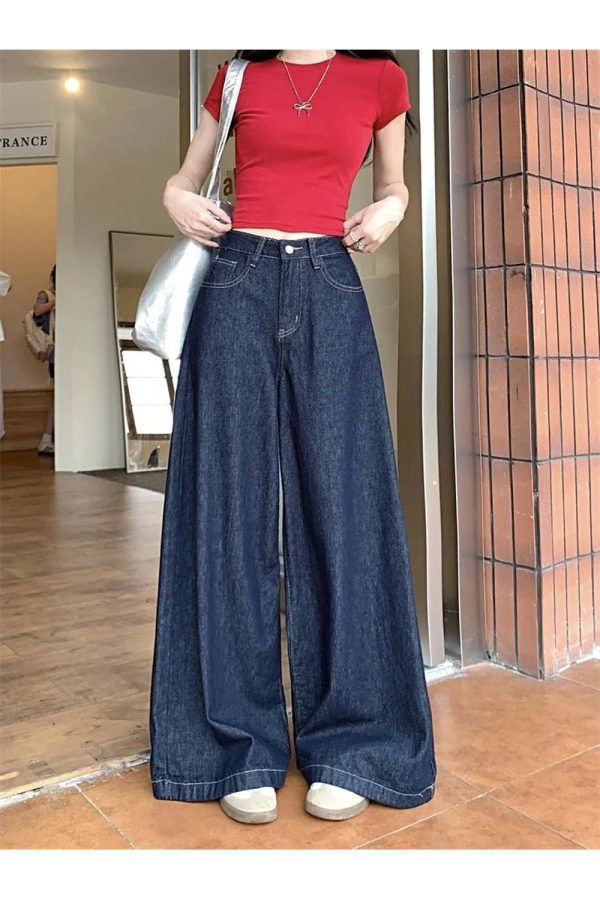 Y2K Grunge Dark Wash Wide-Leg Denim Jeans for Retro Summer Vibes