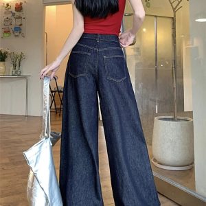 Y2K Grunge Dark Wash Wide-Leg Denim Jeans for Retro Summer Vibes