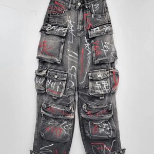 Y2K Grunge Graffiti Riot Cargo Jeans for Retro Summer Outfits