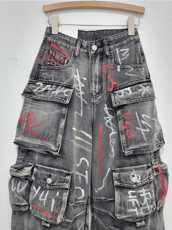 Y2K Grunge Graffiti Riot Cargo Jeans for Retro Summer Outfits