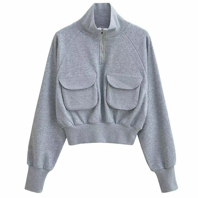 Y2K Grunge Grey Zip Up Sweatshirt with Front Pockets for Retro Style