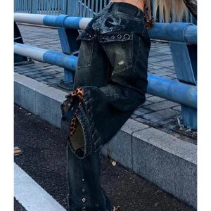 Y2K Grunge Industrial Grommet Cargo Jeans for Retro Summer Vibes