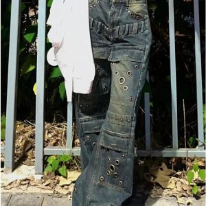 Y2K Grunge Industrial Grommet Cargo Jeans for Retro Summer Vibes