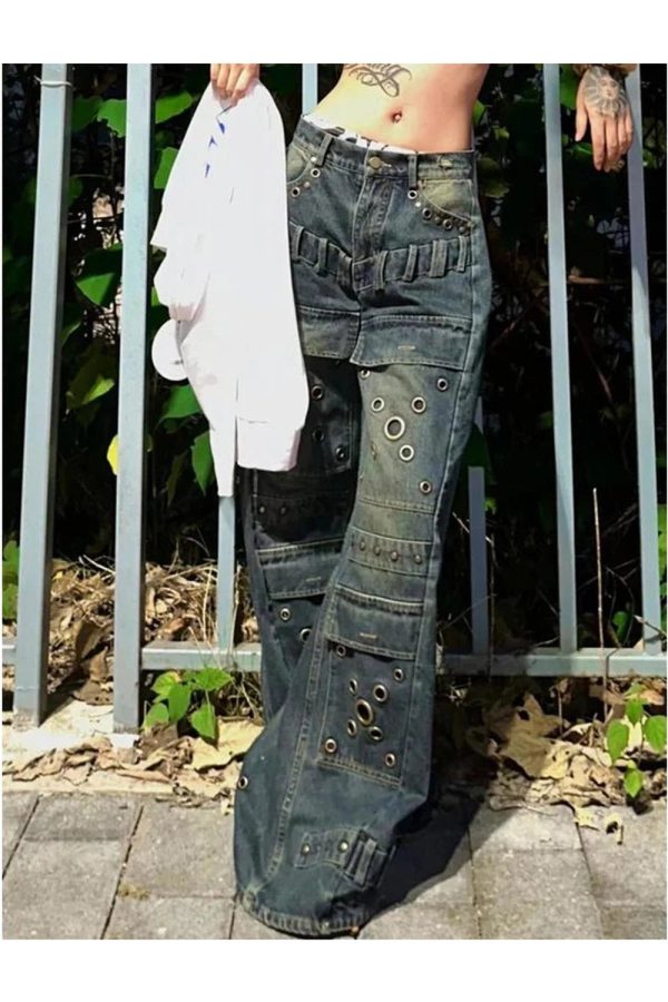 Y2K Grunge Industrial Grommet Cargo Jeans for Retro Summer Vibes