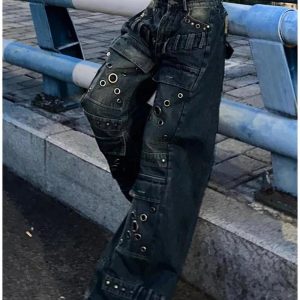 Y2K Grunge Industrial Grommet Cargo Jeans for Retro Summer Vibes