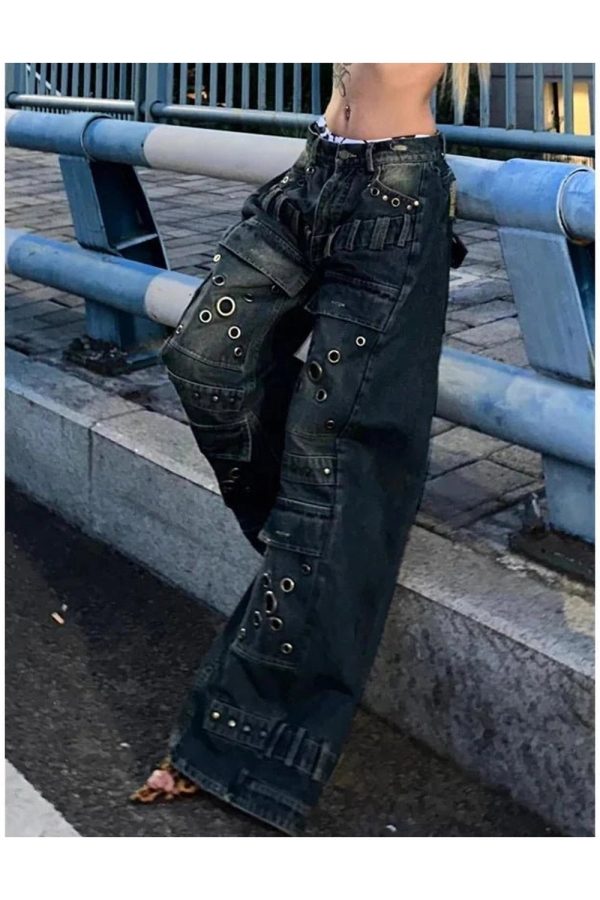 Y2K Grunge Industrial Grommet Cargo Jeans for Retro Summer Vibes